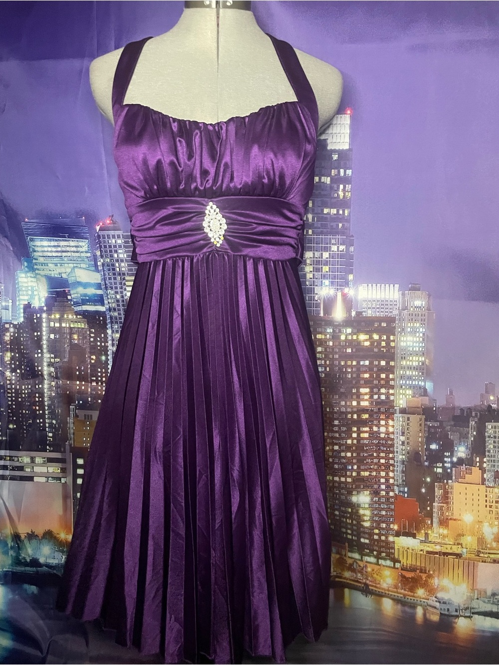 Purple Halter Pleated Cocktail Dress with Rhinestone Accent